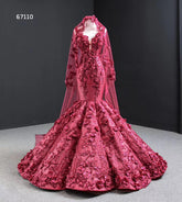 Deep V Sleeveless 3D Floral Puffy Burgundy Mermaid Evening Dress - FashionByTeresa